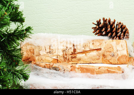 Abstrakte Cristmas Komposition aus Tannenzweigen und Birke Protokolle. Stockfoto