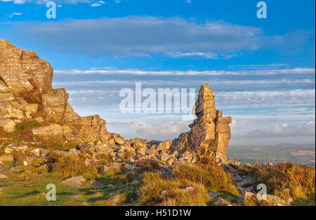 Manstone Rock auf der Stiperstones Ridge, Shropshire, England, UK. Blick in Richtung des Teufels Stuhl Felsen Stockfoto