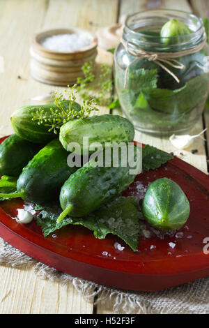 Erhaltung der frische und eingelegte Gurken, Knoblauch und Gewürze auf einem Holztisch. Haus Gemüsekonserven. Stockfoto
