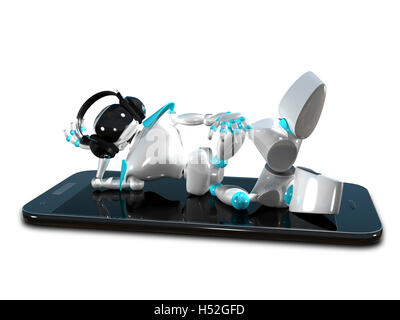 3D Abbildung eines weißen Roboters in der Hörmuschel auf Smartphone Stockfoto