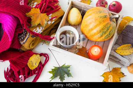 Herbst Wolle Schal und Pulli, getrocknete Blätter, Tee-Tasse, Kürbis-Dekoration Stockfoto