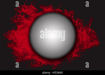 Die großen runden Metallschild mit Schatten in der Mitte der Abbildung. Alles ist auf dem roten Rauch und schwarzen Hintergrund. Stockfoto