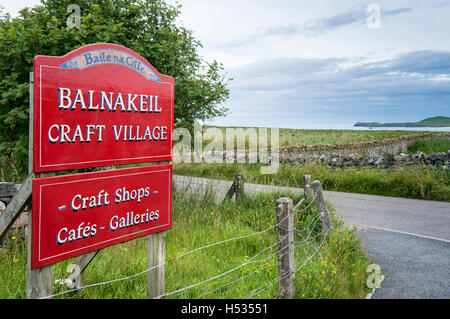 Melden Sie außen Balnakeil Craft Village in der Nähe von Durness in Sutherland, Schottland Stockfoto