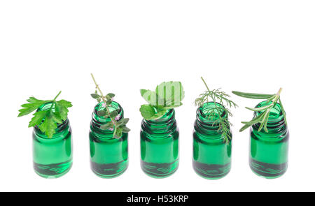Flasche an ätherischem Öl mit frischen Kräuter Pflanzen und Blumen Stockfoto