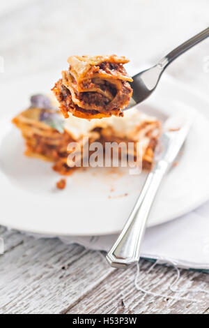 Portion Lasagne Bolognese auf einem weißen Teller. Stockfoto