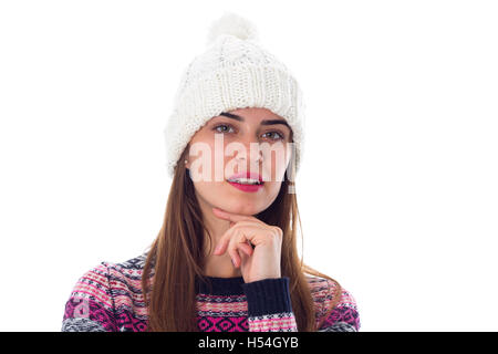 Frau in Pullover und weiße Hut Stockfoto