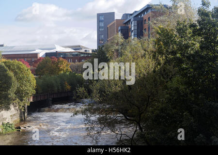 Kelvin River bei Partick Glasgow mit Blick nach Norden auf die Benalder Street Brücke Stockfoto