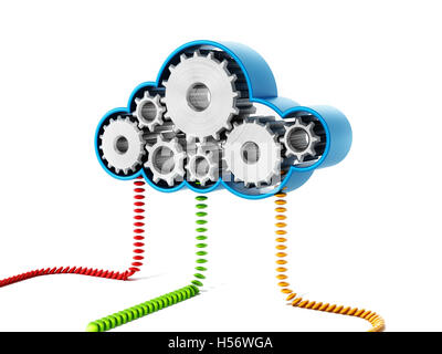 Getriebe bilden eine Wolke Form mit farbigen Linien verbunden. 3D illustration Stockfoto