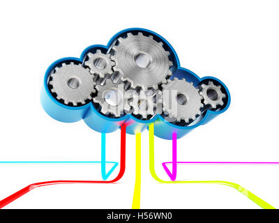 Getriebe bilden eine Wolke Form mit farbigen Linien verbunden. 3D illustration Stockfoto