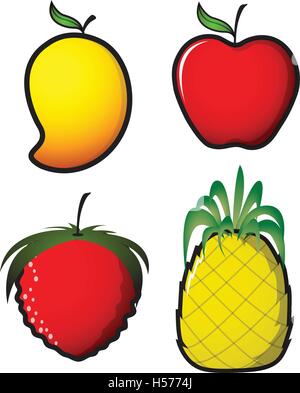 Mango-Apfel-Erdbeer-Ananas-Vektor-Illustrationen Stock Vektor