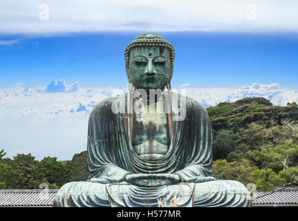 Buddha-Daibutsu Kotoku-in Tempel, Kamakura-Stadt, Metro Tokyo, Japan. Blauer Himmelshintergrund. Stockfoto