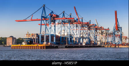 Panorama Containerhafen Hamburg, Containerschiffe, laden im Licht oft die späte Nachmittagssonne Stockfoto