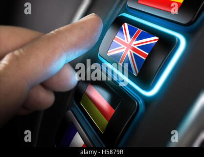 Finger dabei, eine englische Übersetzung auf eine begriffliche Sprache Armaturenbrett drücken. Verbund zwischen einem Bild und einem 3D zurück Stockfoto