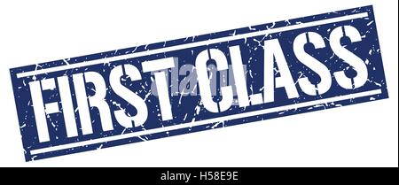 erste Klasse-quadratische Grunge-Stempel Stock Vektor