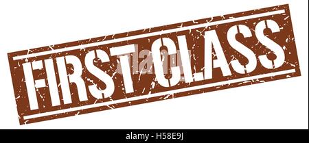 erste Klasse-quadratische Grunge-Stempel Stock Vektor