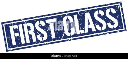 erste Klasse-quadratische Grunge-Stempel Stock Vektor