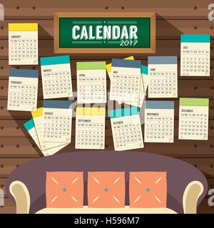 Flaches Design Wohnzimmer 2017 druckbare Kalender beginnt Vektor Sonntag-Illustration Stock Vektor
