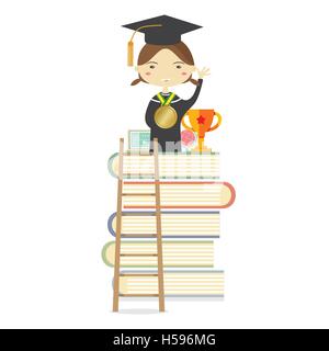 Happy Girl In Graduierung Anzug steht auf der höchsten Buch Treppe stellen erfolgreiche Bildung-Konzept-Vektor-Illustration Stock Vektor