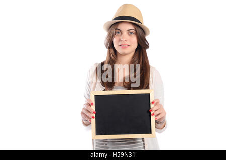 Porträt von Latin-Frau mit Tafel. Isolierten weißen Hintergrund. Stockfoto