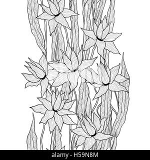 Nahtloser Vektor Blumenmuster. Königliche Lilien Blumen mit stilisierten Doodle lässt. Schwarz / weiß-Grafiken. Monochrom. Stock Vektor
