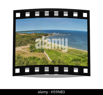 Blick von der hohen Düne auf den Hafen und das Dorf Nidden, Nida Neringa, Kurische spucken, Litauen, Baltikum, Europa Stockfoto