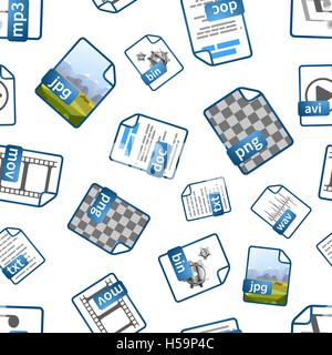 Datei-Icons mit Erweiterungen auf weiße, nahtlose Muster Stock Vektor