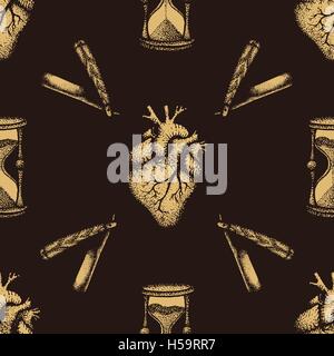 Vektor-Monochrom gold gelb handgezeichnete Gravur anatomischen Herz Halsabschneider Rasiermesser Sanduhr Abbildung dar Stock Vektor