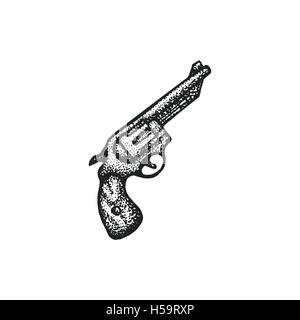 Vektor schwarze Arbeit Tattoo Dot Kunst handgezeichneten Stil Vintage Revolver Pistole Illustration isoliert weißen Hintergrund Gravur Stock Vektor