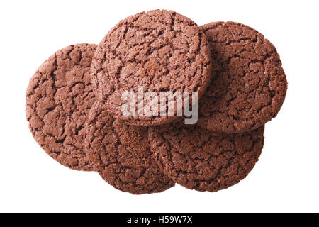 Runde Schokoladenkekse isoliert auf weißem Hintergrund hautnah. horizontale Stockfoto