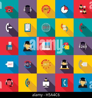 Support-Service 24 Stunden Symbole festgelegt, flachen Stil Stock Vektor