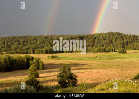 Hellen primäre und sekundäre Regenbogen über Gaujiena Tal in Lettland Stockfoto