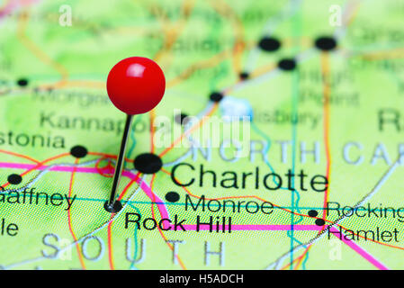 Rock Hill, fixiert auf einer Karte von South Carolina, USA Stockfoto