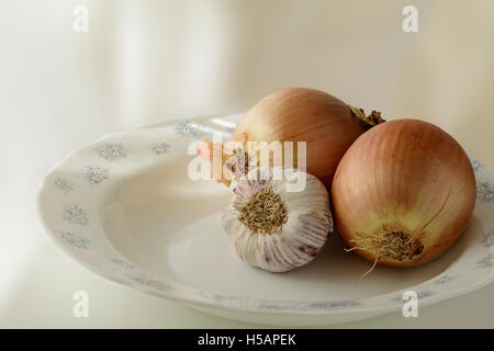 Zwei Zwiebeln und Knoblauch Kopf auf einem Teller Stockfoto