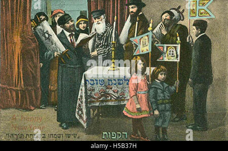 Eine Rosh Hashanah-Grußkarte der Williamsburg Art Company, die das jüdische Neujahr mit festlichen Bildern, Flaggen und Symbolen zu jüdischen Feiertagen, einschließlich Rosh Hashanah und Simchat Torah, feiert. Stockfoto
