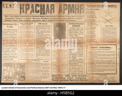 Dies bezieht sich wahrscheinlich auf ein historisches Poster aus der Sowjetunion, das möglicherweise mit der Roten Armee in Verbindung gebracht wurde. Diese Plakate wurden oft verwendet, um Kriegspropaganda oder sowjetische ideale zu fördern, besonders während und nach dem Zweiten Weltkrieg Stockfoto