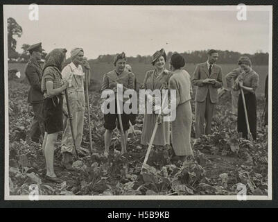 1944 besuchten König Georg VI. Und Königin Elisabeth ein freiwilliges Landwirtschaftslager und zeigten Unterstützung für die Kriegsanstrengungen. Bei diesem Besuch wurde die entscheidende Rolle der Freiwilligen bei der Nahrungsmittelproduktion während des Zweiten Weltkriegs im Vereinigten Königreich hervorgehoben. Stockfoto
