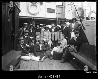 Das Bild fängt die Zuschauer an Bord der NAMOI ein, einem Schiff, das den Hafen von Sydney navigiert. Der NAMOI war bekannt für seine Rolle in der Sydney Harbour Szene, die eine einzigartige Perspektive auf die Wahrzeichen des Hafens, wie das Sydney Opera House und die Sydney Harbour Bridge, bietet und gleichzeitig Teil der maritimen Tradition in Australien ist. Stockfoto