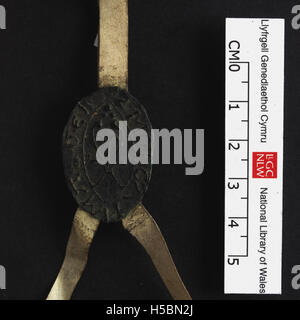 Das vordere Dokument von NLW Penrice and Margam Deeds 140 Seal 3 enthält rechtliche und historische Informationen zum Eigentum in Wales. Diese Urkunden sind Teil eines umfangreichen Archivs, das die Landtransaktionen und ihre Bedeutung in der walisischen Rechtsgeschichte detailliert beschreibt. Stockfoto