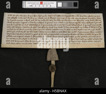 Dieser Titel bezieht sich auf historische Urkunden im Zusammenhang mit Penrice und Margam, wahrscheinlich in der National Library of Wales (NLW) gespeicherte Eigentumsdokumente. Diese Taten sind für das Verständnis von Landbesitz und Geschichte in der Region von entscheidender Bedeutung. Stockfoto