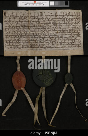 Das Dokument mit dem Titel „NLW Penrice and Margam Deeds 140 Front“ ist ein Archivdokument mit Rechtsakten oder Eigentumstransaktionen im Zusammenhang mit Penrice und Margam-Anwesen, wahrscheinlich aus historischer walisischer Dokumentation. Stockfoto