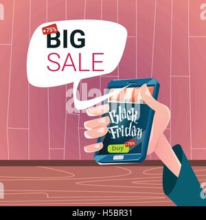 Hand halten Handy Smartphone Black Friday groß einkaufen Verkauf Banner Stock Vektor
