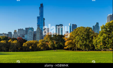 Central Park Sheep Meadow mit vollen Herbstfarben. Midtown Manhattan Wolkenkratzer im frühen Morgenlicht. New York City Stockfoto