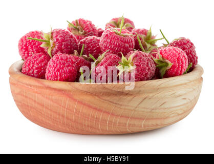 Himbeeren in Holzplatte auf dem weißen Hintergrund isoliert. Stockfoto