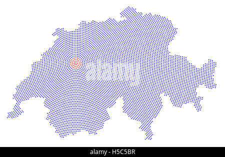 Schweiz-Karte radial Punktmuster. Blaue Punkte gehen von den roten gepunkteten Hauptstadt Bern nach außen und bilden die Land-Silhouette. Stockfoto