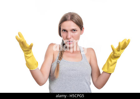 Putzfrau, müde und erschöpft von der Reinigung des Hauses Stockfoto