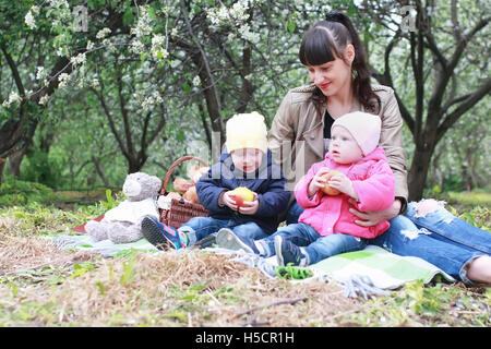 Mutter mit Zwillingen auf Plaid im Freien im Apfelgarten Stockfoto