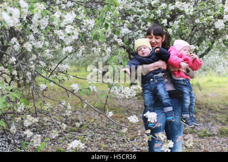 Mutter mit Zwillingen auf Plaid im Freien im Apfelgarten Stockfoto