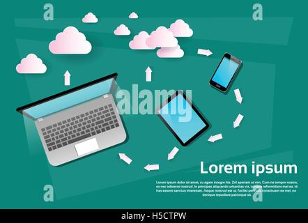 Laptop Computer Tablet Handy Smartphone Cloud Datenbank Daten-Synchronisation Stock Vektor