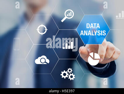 Berater zeigen Daten Analyse Konzept auf dem Bildschirm mit Diagrammen für Business Intelligence und Strategie Stockfoto