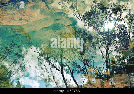 Baum und Himmel Reflexionen in einem flachen Sandstein Bachbett Stockfoto